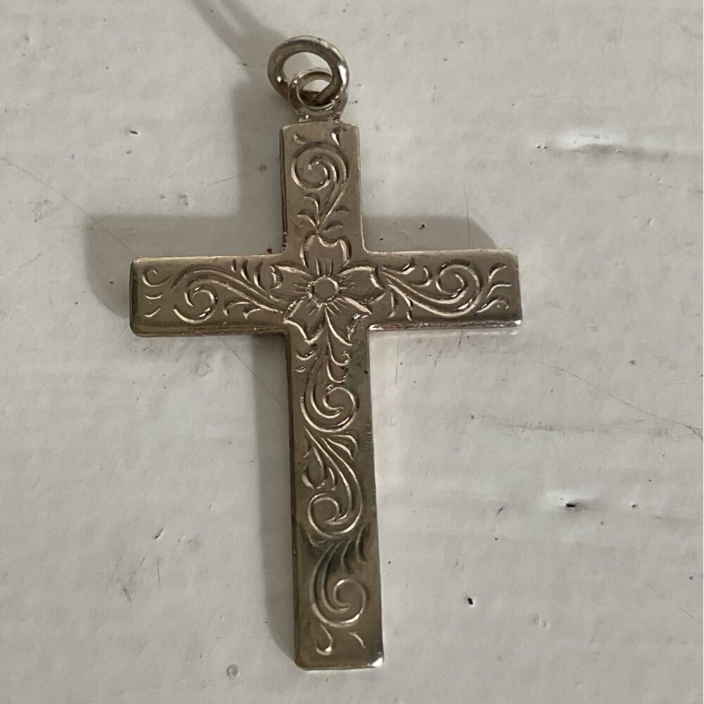 Silver Tone Floral Etched Cross Pendant